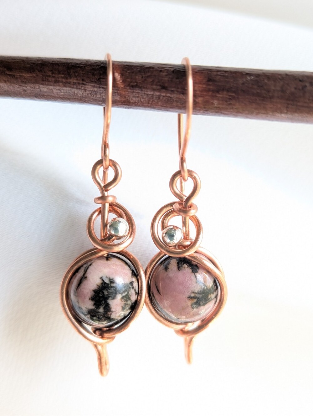 Rhodonite Gemstone Earrings Artisan Crafted Copper Wire Wrap With Sterling Bead